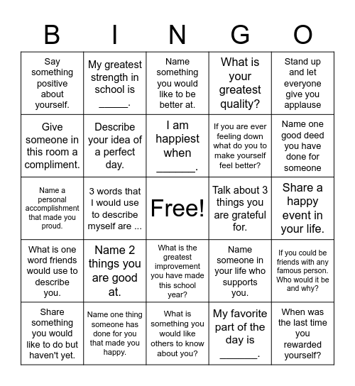 Self-Esteem Bingo! Bingo Card