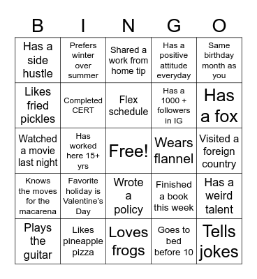 311 Team Bingo Card
