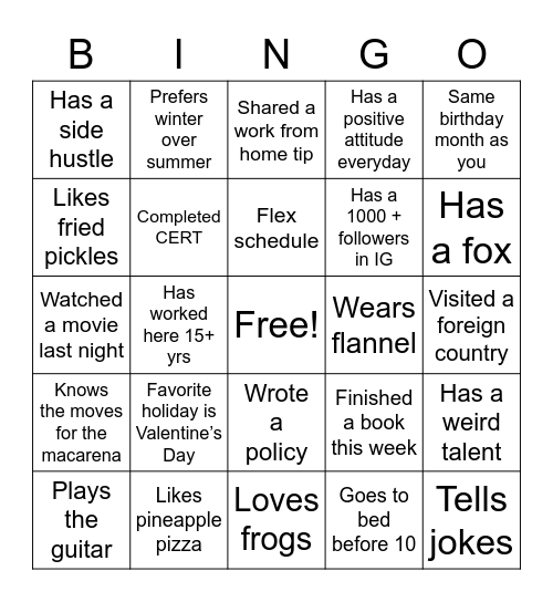 311 Team Bingo Card