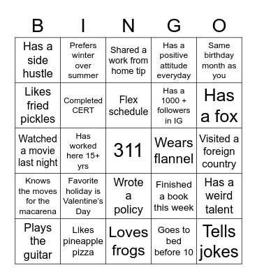 311 Bingo Card