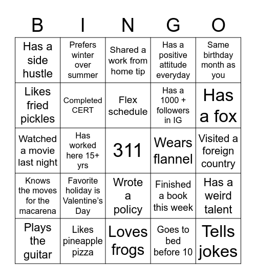 311 Bingo Card