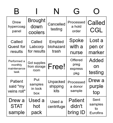 Phlebotomy Bingo Card