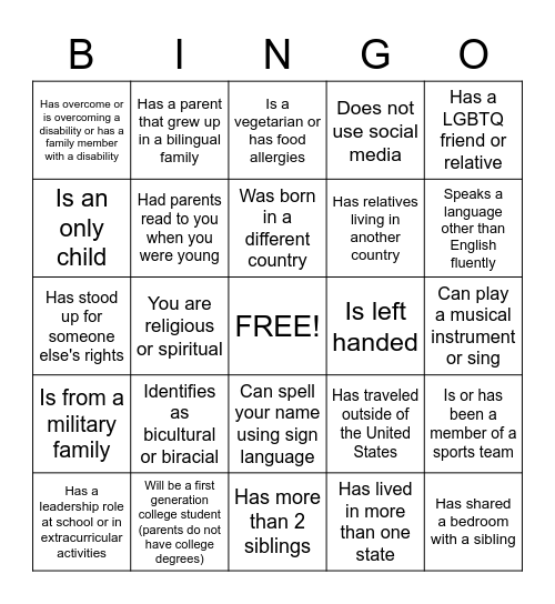 Diversity Bingo Card