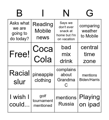 FAM JAM Bingo Card