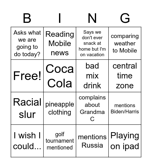 FAM JAM Bingo Card