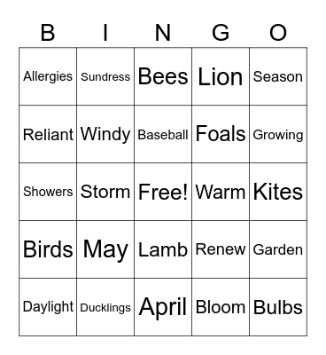 Spring is Blowing In! Bingo Card