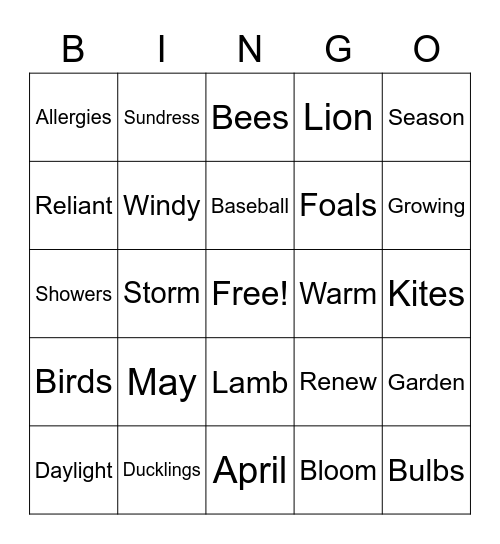 Spring is Blowing In! Bingo Card