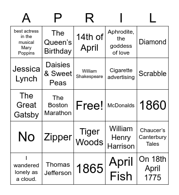 April Trivia Bingo Card