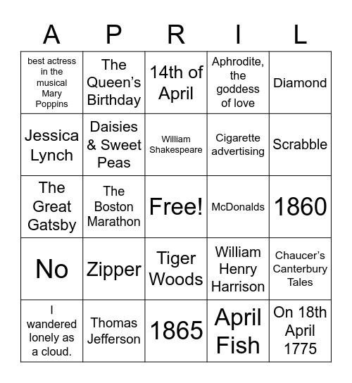 April Trivia Bingo Card