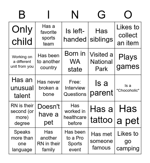 RNR Getting to Know You! Bingo Card