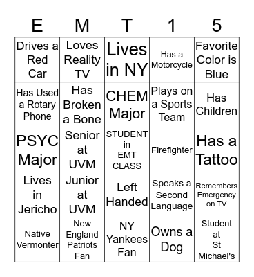 EMT Class Bingo Card
