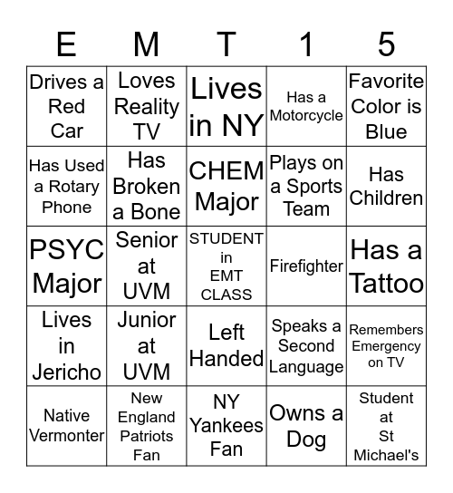 EMT Class Bingo Card