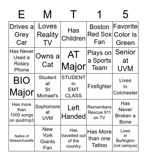 EMT Class Bingo Card