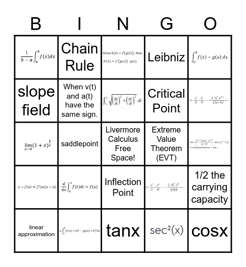 Livermore Calculus Bingo! Bingo Card