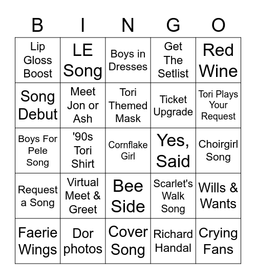 Tori Tour Bingo Card