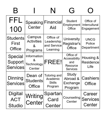 UNCG's Campus Connection Bingo Card
