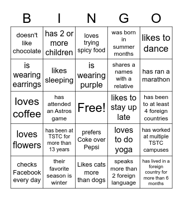 TSTC People Bingo Card