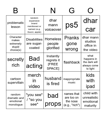 Dhar Mann Bingo v2 with some more squares Bingo Card