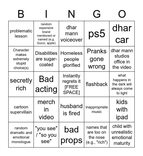 Dhar Mann Bingo v2 with some more squares Bingo Card