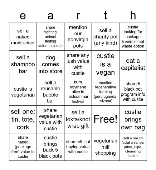Value/Earth Day Bingo Card