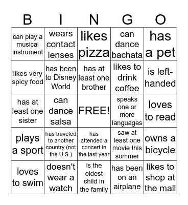 Getting to Know Your Classmates Bingo Card