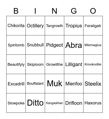 Shiny Pokemon Bingo Card