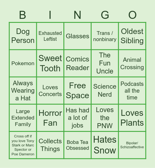 Sage’s Bingo Card