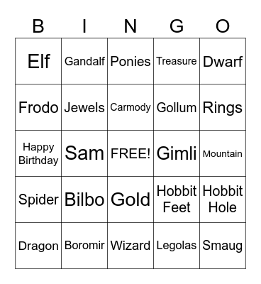HOBBIT / LORD of the RINGS Bingo Card