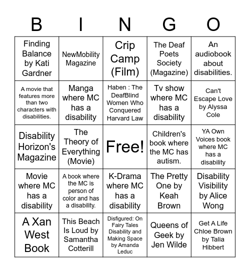 Disability in The Catalog Bingo Card