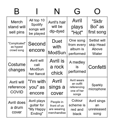 Avril Lavigne Concert Bingo Card