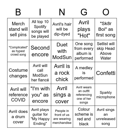 Avril Lavigne Concert Bingo Card