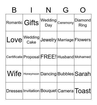 Sarah's Bridal Shower Bingo Card