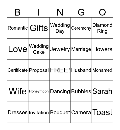 Sarah's Bridal Shower Bingo Card