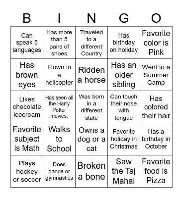 Classroom Bingo Card