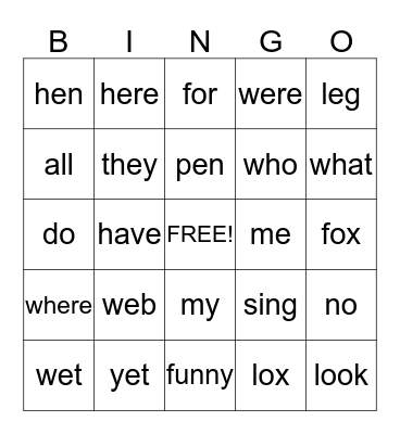 1st- lesson 4 Bingo Card