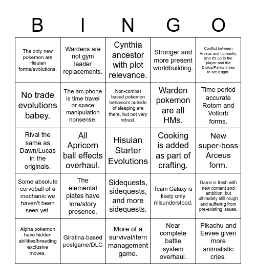 Pokemon Legends Arceus Bingo Card