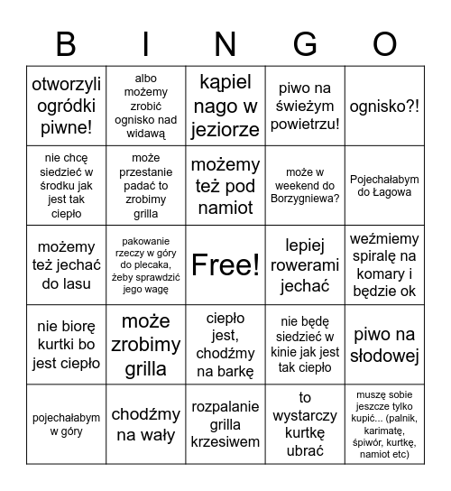 Zakrzi jak jest ponad 9 stopni i nie pada: Bingo Card