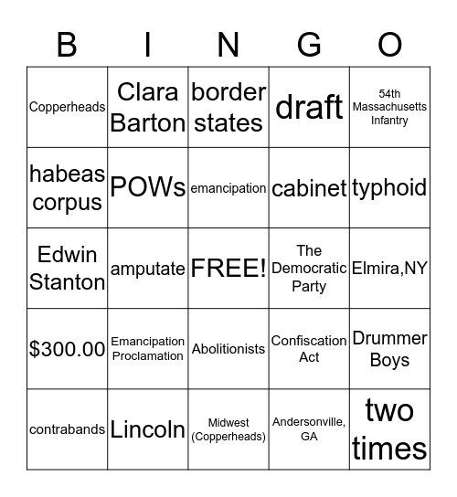 Emancipation Proclamation Bingo Card