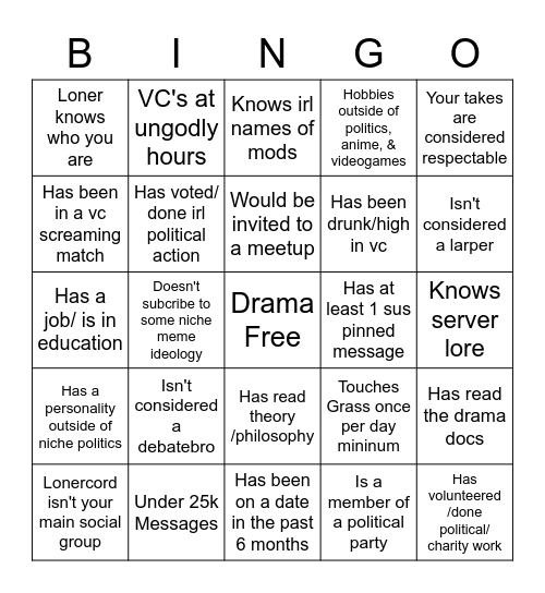 Lonercord Bingo Card