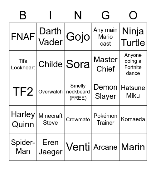 PAX Cosplay Bingo Card