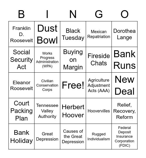 Great Depression/New Deal Bingo Card