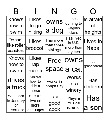 Getting to know you Bingo Card