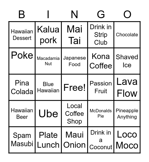 Hawaii Bingo Card
