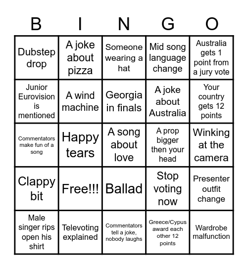 Eurovision  2022 Bingo Card