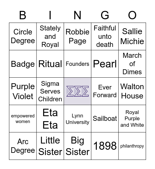 Tri Sigma Bingo Card