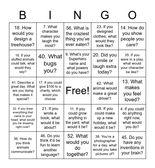 Kids Bingo Questions Bingo Card