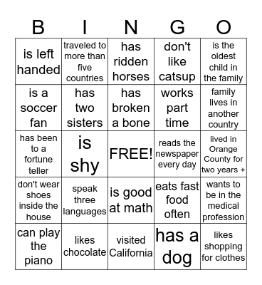 Getting to Know You Bingo Card