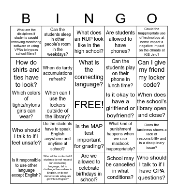School and Dorm Life Guide Bingo Card