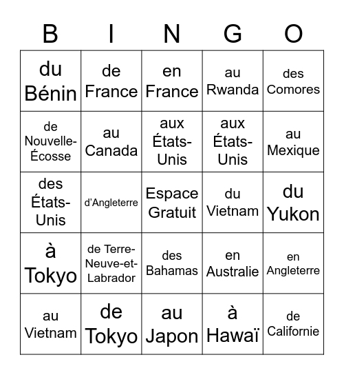 Les prépositions géographiques Bingo Card