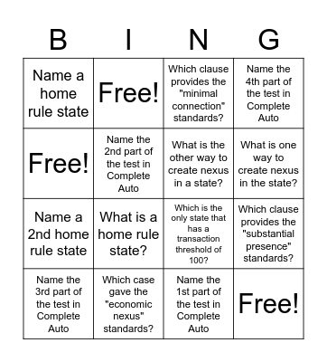 Sales and Use Nexus Bingo Card